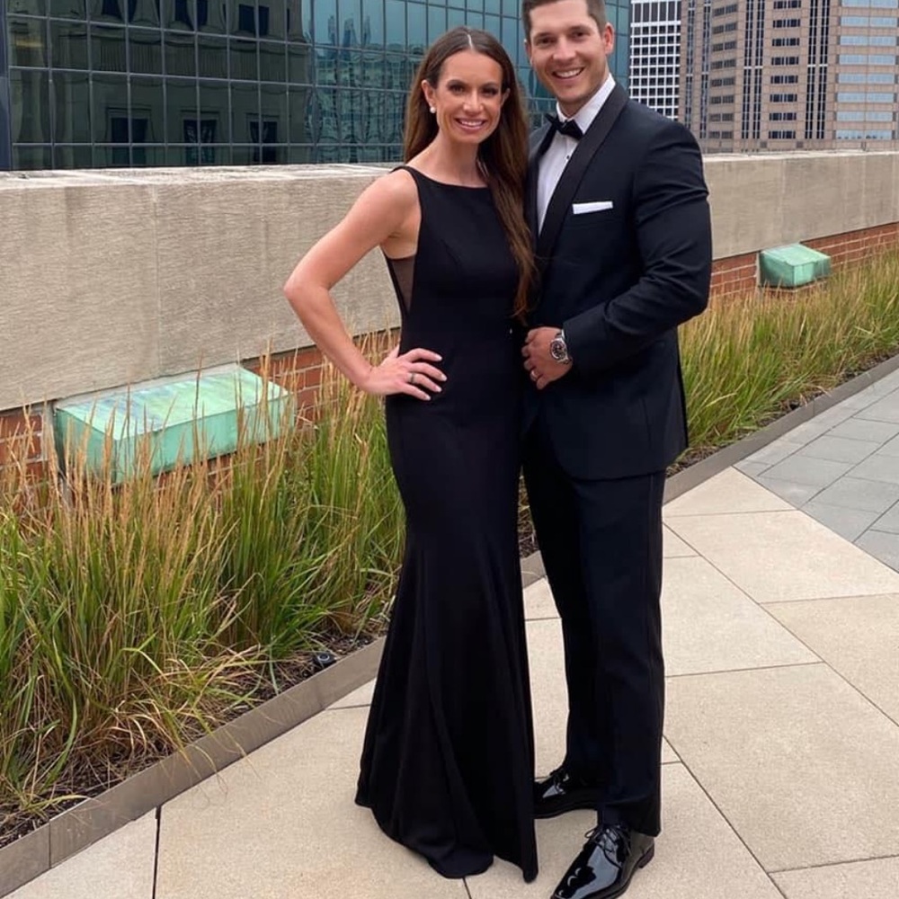 Black Azazie bridesmaid dress.